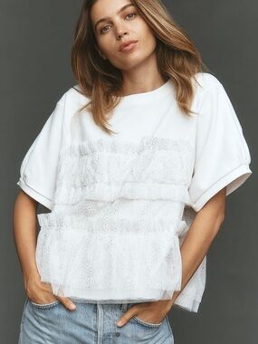 Maeve Anthropologie Short Sleeve Smocked Ruffle Sweatshirt NWT